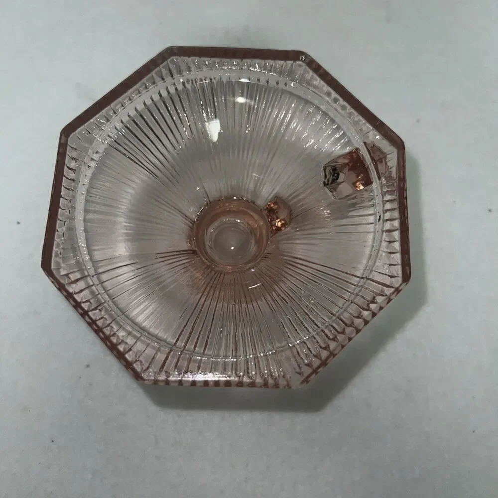 Vintage Pink Glass Candle Holder Chamberstick Ribbed Hexagon Depression